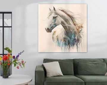 Sprookjesachtig portret van een wit paard  in Aquarel