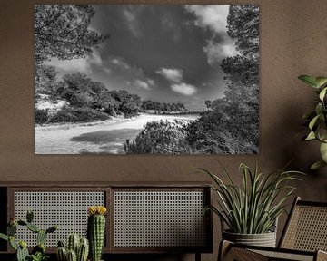 Beautiful bay with beach on the island of Menorca. Black and white image. by Manfred Voss, Schwarz-weiss Fotografie