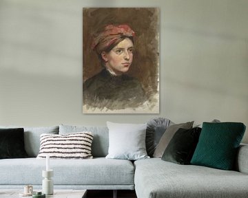 Portret van een jonge vrouw met een rode hoofddoek, Thérèse Schwartze