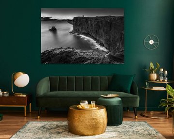 Lighthouse on Iceland with cliffs by the sea in black and white. by Manfred Voss, Schwarz-weiss Fotografie