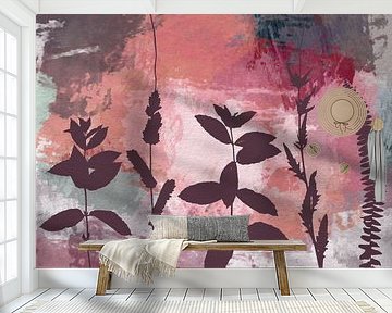 Bladeren en planten op pastel. Botanisch in retrostijl op roze, taupe, paars, bruin van Dina Dankers