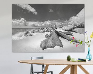 Anse Marron strand op La Digue / Seychellen in zwart en wit. van Manfred Voss, Schwarz-weiss Fotografie