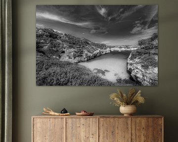 Bay by the sea on the island of Mallorca. Black and white image. by Manfred Voss, Schwarz-weiss Fotografie