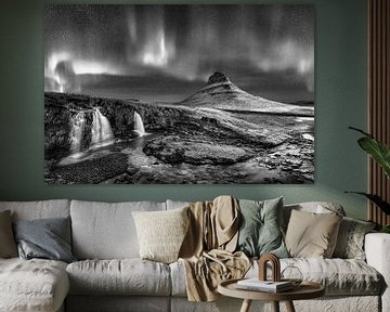 Aurores boréales en Islande en noir et blanc. sur Manfred Voss, Schwarz-weiss Fotografie