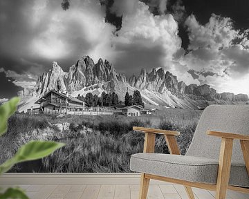 Alpine hut in the mountains in the Alps in black and white