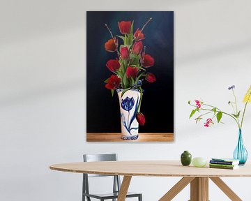 Tulips in vase, Delft blue by Klaartje Majoor