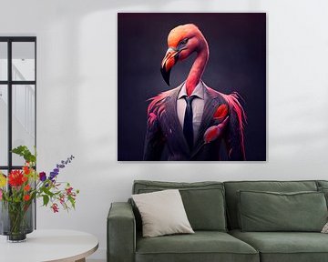 Stately portrait of a Flamingo in a fancy suit by Maarten Knops