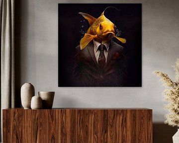 Stately portrait of a Goldfish in a fancy suit by Maarten Knops