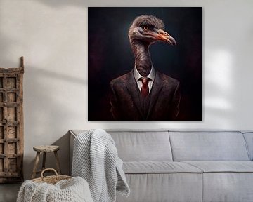 Statig portret van een Struisvogel in een chic pak van Maarten Knops