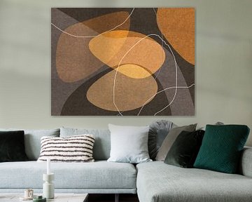 Donkergeel, grijs, bruin organische vormen. Moderne abstracte retro geometrie. van Dina Dankers
