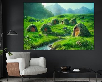 Groene heuvels en Hobbitwoningen van Nieuw-Zeeland Illustratie van Animaflora PicsStock