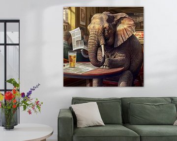 Elefant in einer Bar, der die Zeitung liest Illustration 01 von Animaflora PicsStock