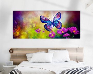 Panorama Gemälde eines Schmetterlings auf einer Blumenwiese Illustration von Animaflora PicsStock