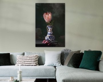 Still life 'Protea flower with pearls and Delft Blue