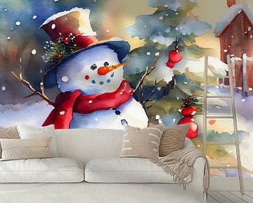 Een schattige sneeuwman in aquarel van Whale & Sons