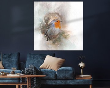 Robin sur une branche de pin aquarelle