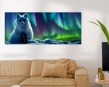 Arctic fox sitting in the Arctic with Aurora Borealis illustration by Animaflora PicsStock