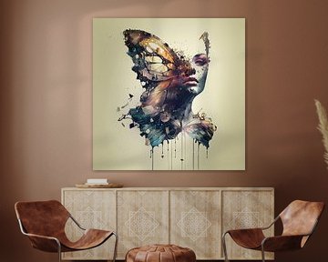Portret van een jonge vrouw, gecombineerd met een vlinder.