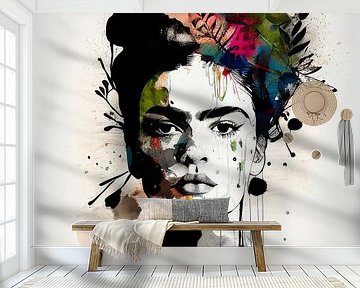 Frida black & white with flower color splash by Bianca ter Riet