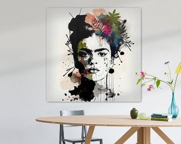 Frida black & white with flower color splash by Bianca ter Riet