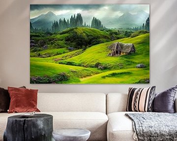 Grüne Hügel und Hobbit-Häuser von Neuseeland Illustration 03