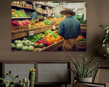 Farmer in einem Supermarkt in der Gemüse Abteilung Illustration von Animaflora PicsStock