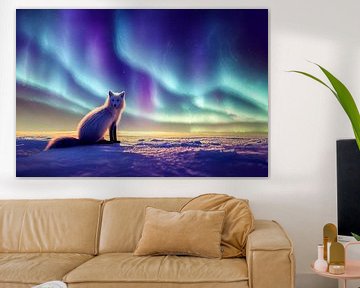Poolvos zittend in het noordpoolgebied met Aurora Borealis illustratie van Animaflora PicsStock