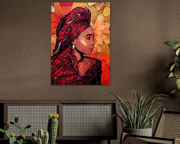 Portret van Afrikaanse vrouw met rode dhuku doek hijab hidjab hoofdband van The Art Kroep
