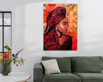 Portrait d'une femme africaine portant un bandeau rouge en tissu dhuku hijab hidjab sur The Art Kroep