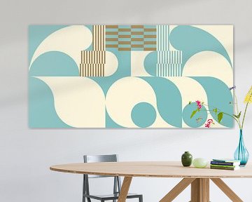 Abstracte retro geometrische kunst in goud, blauw en gebroken wit nr. 7 van Dina Dankers