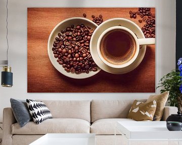 Koffiekop met illustratieachtergrond van koffiebonen van Animaflora PicsStock