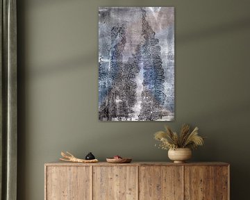 Abstract Botanisch. Varens in taupe, blauw en zwart.