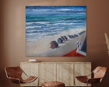 Strandtafereel met strandcabines op het strand van De Panne - Olieverf op doek van Galerie Ringoot