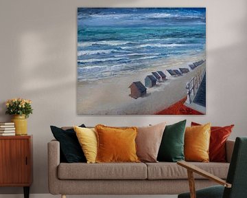 Strandtafereel met strandcabines op het strand van De Panne - Olieverf op doek van Galerie Ringoot