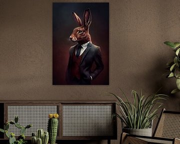 Portrait debout et majestueux d'un lièvre en costume sur Maarten Knops