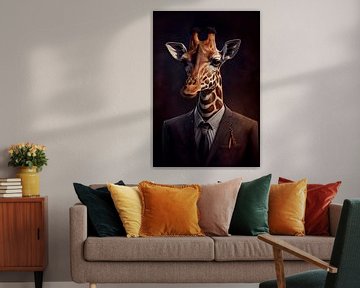 Stately standing portrait of a Giraffe in a suit by Maarten Knops