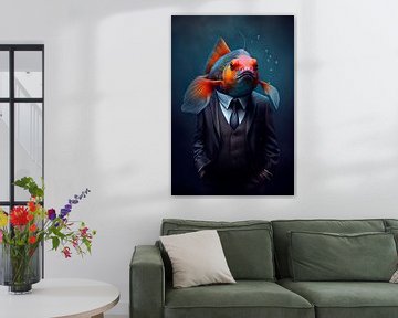 Portrait debout et majestueux d'un poisson rouge en costume. sur Maarten Knops