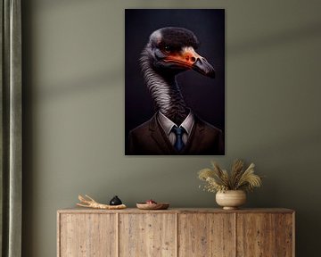 Statig staand portret van een Struisvogel in een pak van Maarten Knops