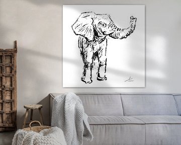 Schwarz-weiße Kohlezeichnung eines Elefanten von Emiel de Lange