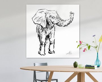 Zwart wit houtskool tekening van een olifant