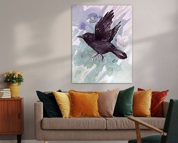 Vliegende raaf aquarel met vlekken van Bianca Wisseloo