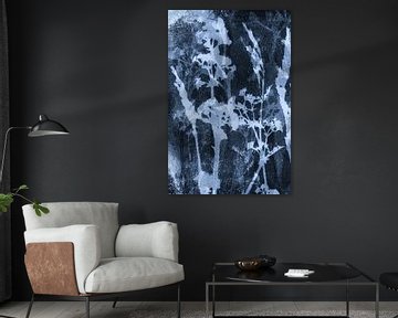 Abstract Botanical. Flowers, plants and grasses in light and dark blue and black by Dina Dankers