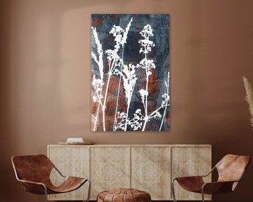 Abstract Retro Botanical. Fern, flowers and grasses in white on rust brown and blue by Dina Dankers