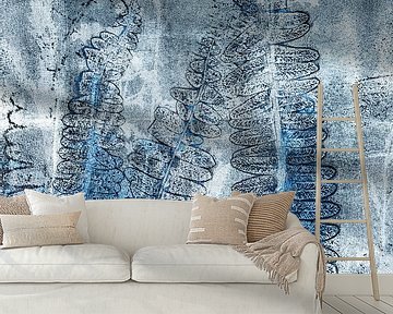 Abstract Retro Botanisch. Varens, grassen en bloemen in blauw, zwart en wit. van Dina Dankers