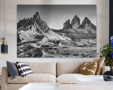 Hut Dreizinnen in the Dolomites. Black and white picture. by Manfred Voss, Schwarz-weiss Fotografie