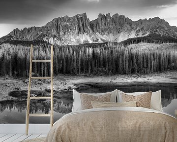 Mountain lake in the Dolomites in black and white.