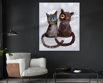Twee donkergrijze katten aquarel