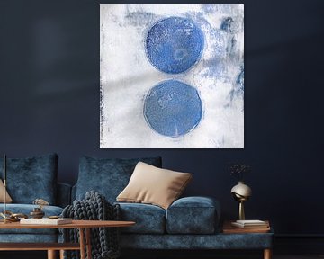 Blue Moons. Abstract geometric painting  in white, blue, pastel gray, rust by Dina Dankers