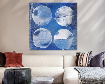 Four Blue Moons. Modern abstract in blue, white, rust brown. by Dina Dankers
