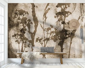 Abstract Retro Botanisch. Bloemen, planten en bladeren in beige en bruin van Dina Dankers